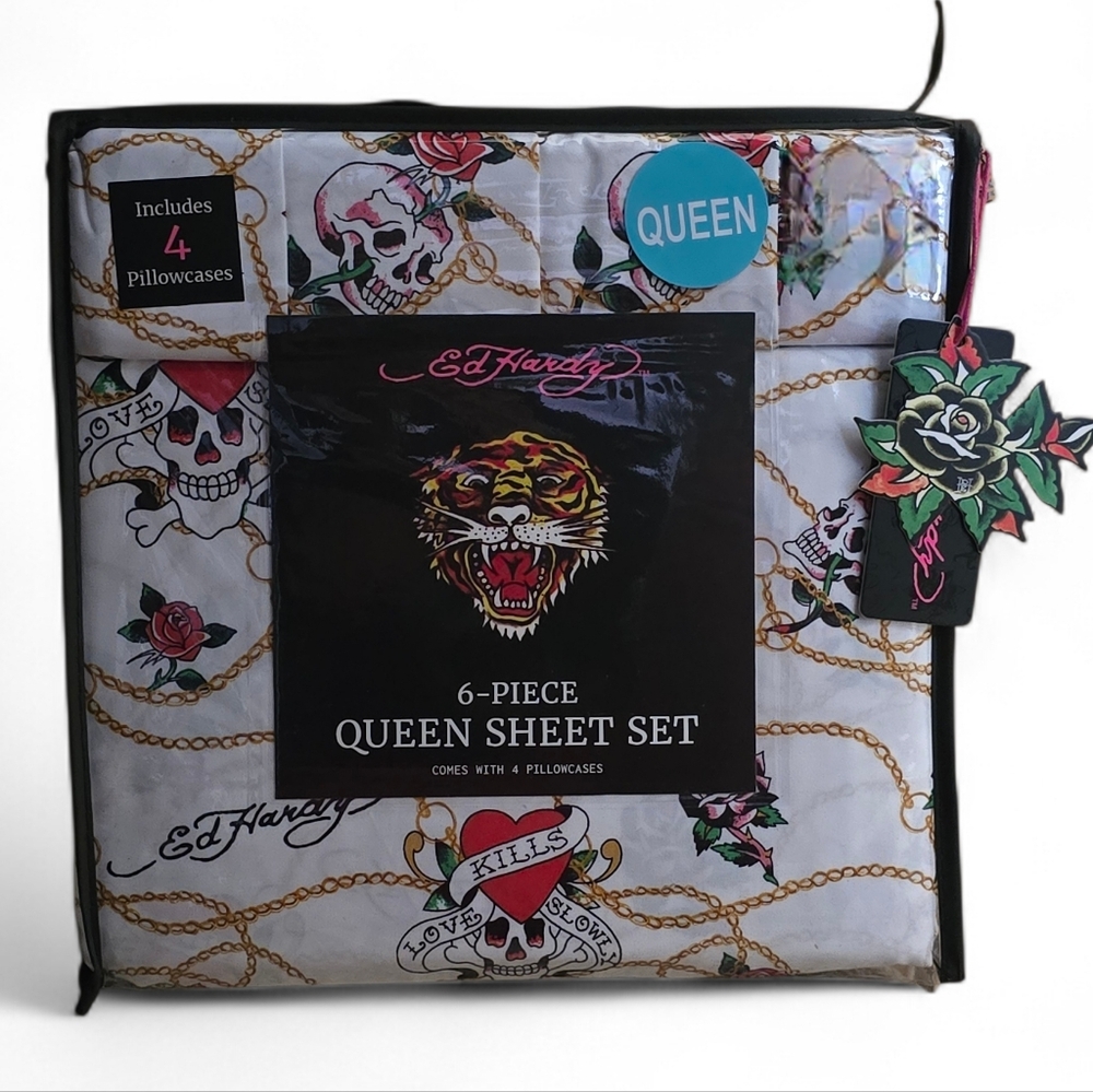 ❤️‍🔥 Ed Hardy 6 Piece Queen Sheet Set ~ Hard To Find